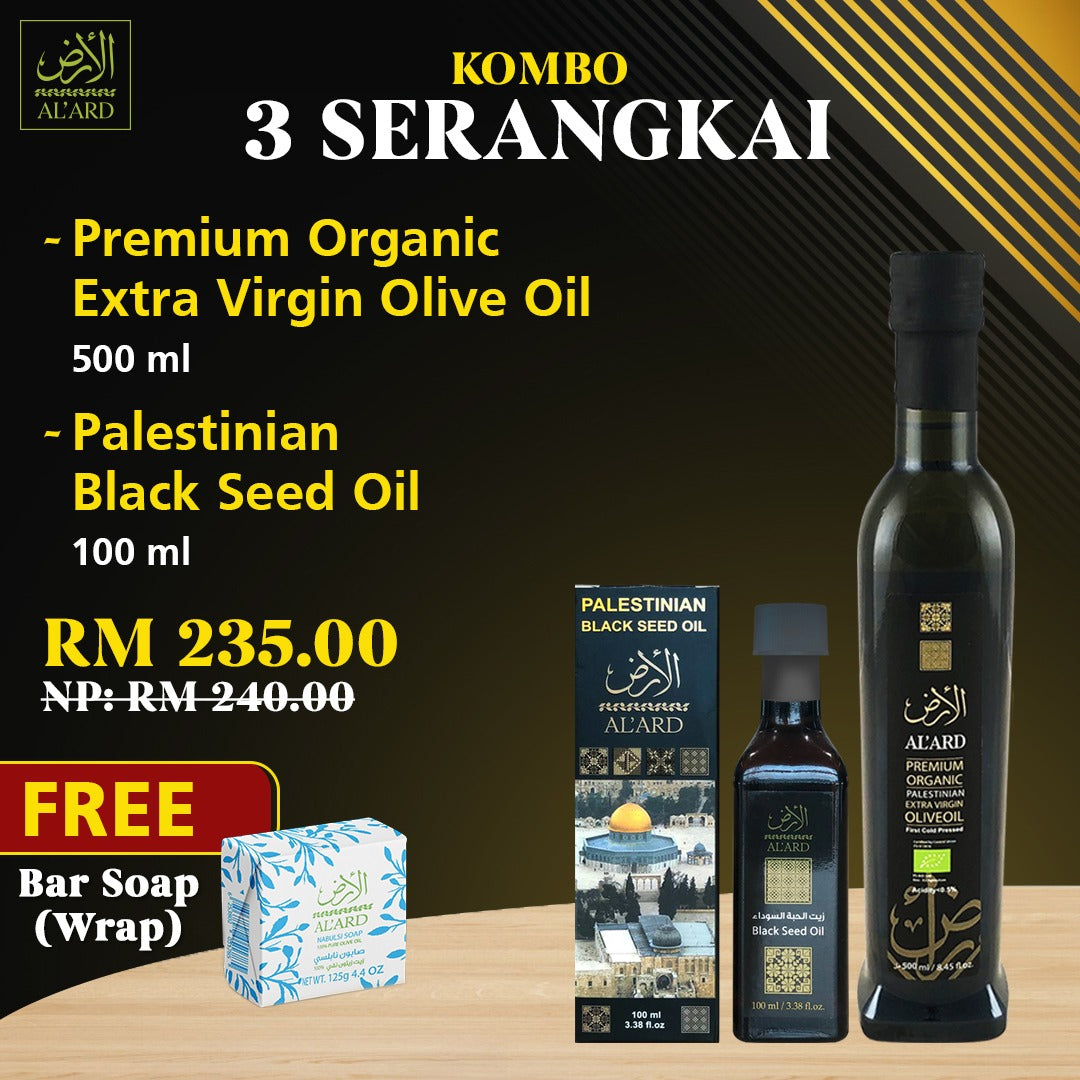 KOMBO SEPTEMBER - 3 Serangkai (Premium Organic Extra Virgin Olive Oil 500ml + Black Seed Oil 100ml + FREE NABULSI SOAP)