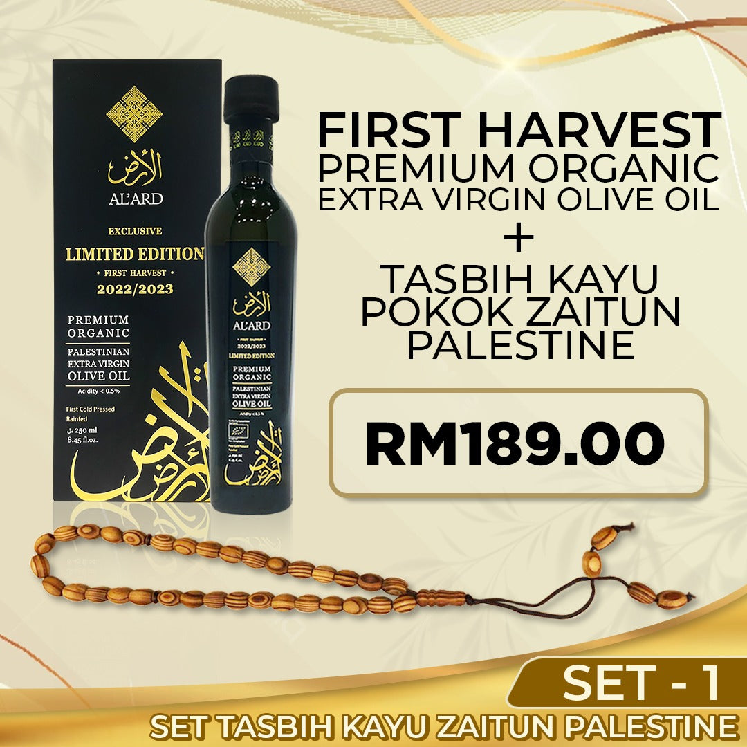 SET 1 - Tasbih Kayu Zaitun + First Harvest Limited Edition 250ml
